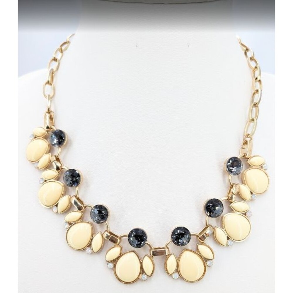 Gold Tone Cream Smoky Gray Rhinestone Statement Bib Necklace Cluster 21 Inches
